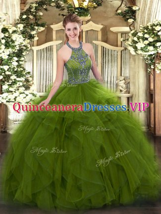 Lovely Ball Gowns 15th Birthday Dress Olive Green Halter Top Tulle Sleeveless Floor Length Lace Up