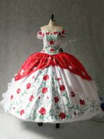 Off The Shoulder Cap Sleeves Lace Up Sweet 16 Dress White And Red Organza and Taffeta