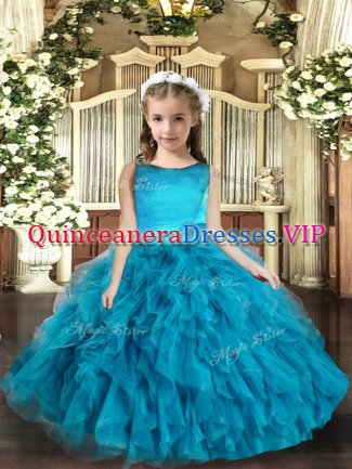 Beauteous Blue Little Girl Pageant Gowns Party and Wedding Party with Ruffles Scoop Sleeveless Lace Up
