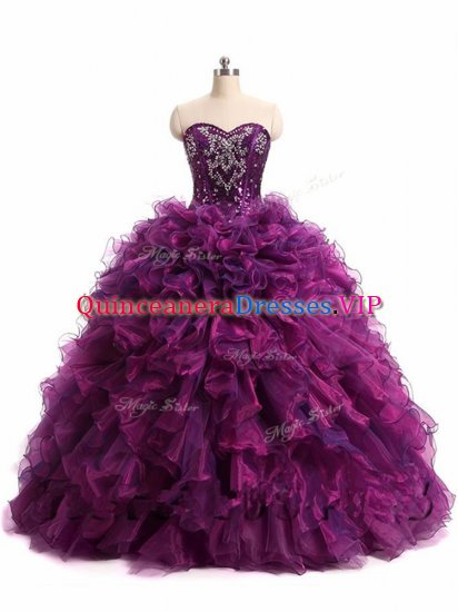 Unique Purple Ball Gowns Beading and Ruffles Sweet 16 Dresses Lace Up Organza Sleeveless Floor Length - Click Image to Close