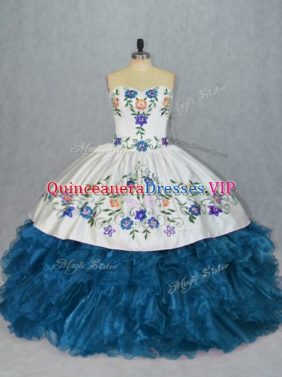 Colorful Blue Sweetheart Neckline Embroidery and Ruffles Quinceanera Dresses Sleeveless Lace Up - Click Image to Close