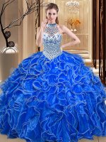 Royal Blue Ball Gowns Halter Top Sleeveless Organza Floor Length Lace Up Beading and Ruffles Quinceanera Dress