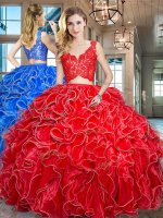 Organza V-neck Sleeveless Zipper Lace and Ruffles Vestidos de Quinceanera in Red(SKU SXQD030BIZ)