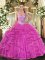 Glittering Sleeveless Tulle Floor Length Lace Up Sweet 16 Dress in Fuchsia with Beading and Ruffles