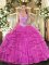 Glittering Sleeveless Tulle Floor Length Lace Up Sweet 16 Dress in Fuchsia with Beading and Ruffles