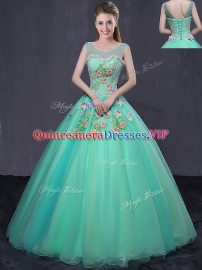 Discount Ball Gowns Quinceanera Gown Turquoise Scoop Organza Sleeveless Floor Length Lace Up - Click Image to Close