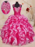 Ideal White And Red Ball Gowns Beading and Ruffles Quinceanera Gowns Lace Up Organza Sleeveless Floor Length(SKU PSSW0150-9BIZ)