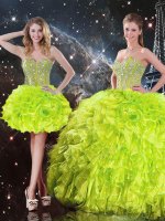 Exquisite Yellow Green Ball Gowns Organza Sweetheart Sleeveless Beading and Ruffles Floor Length Lace Up Sweet 16 Dresses