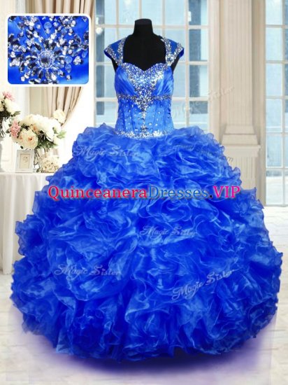 Beauteous Royal Blue Lace Up Straps Beading and Ruffles Quinceanera Gown Organza Cap Sleeves - Click Image to Close