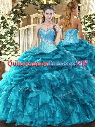 Sexy Teal Sleeveless Organza Lace Up 15 Quinceanera Dress for Military Ball and Sweet 16 and Quinceanera