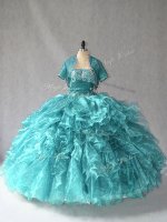 Extravagant Organza Strapless Sleeveless Lace Up Beading 15th Birthday Dress in Turquoise