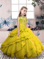 Sleeveless Organza Floor Length Side Zipper Little Girls Pageant Dress in Olive Green with Beading and Ruffled Layers