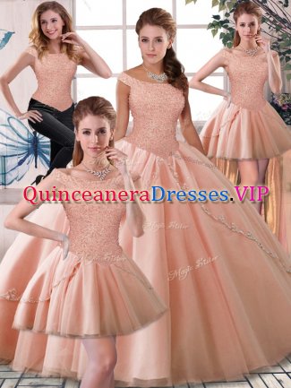 Peach Tulle Lace Up Sweet 16 Dresses Sleeveless Brush Train Beading