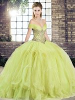 Delicate Beading and Ruffles Quince Ball Gowns Yellow Green Lace Up Sleeveless Floor Length