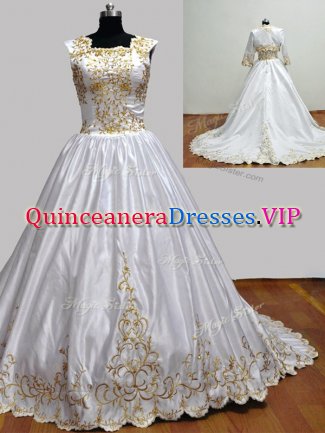 Nice White Quince Ball Gowns Military Ball and Sweet 16 and Quinceanera with Embroidery Square Sleeveless Brush Train Zipper