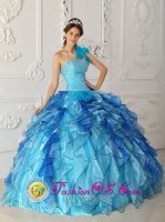 Aqua Blue One Shoulder Discount Quinceanera Dress Beaded Bodice Satin and Organza Ball Gown in Brisbane CA