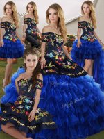 Custom Made Floor Length Blue And Black Sweet 16 Dresses Organza Sleeveless Embroidery and Ruffled Layers