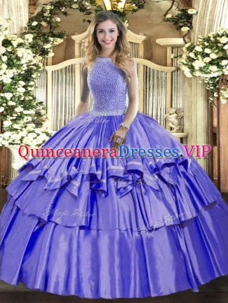 Floor Length Lace Up Sweet 16 Dresses Lavender for Military Ball and Sweet 16 and Quinceanera with Beading and Ruffled Layers