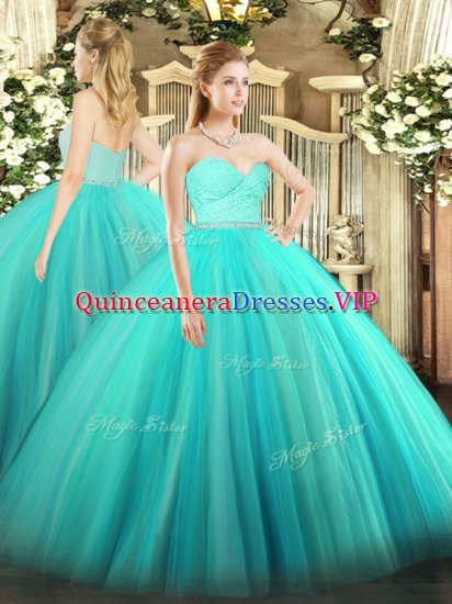 Tulle Sweetheart Sleeveless Zipper Beading and Lace Sweet 16 Dresses in Turquoise - Click Image to Close