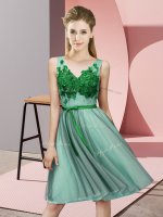Popular Apple Green Empire V-neck Sleeveless Tulle Knee Length Lace Up Appliques Dama Dress for Quinceanera