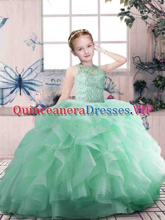 Beading and Ruffles Little Girls Pageant Dress Apple Green Zipper Sleeveless Floor Length