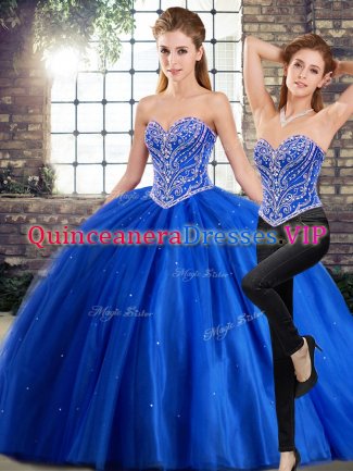 Dazzling Blue Tulle Lace Up Sweetheart Sleeveless Ball Gown Prom Dress Brush Train Beading