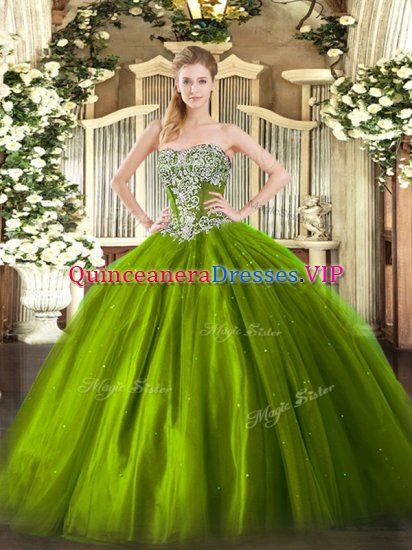 Ball Gowns Quinceanera Gown Olive Green Strapless Tulle Sleeveless Floor Length Lace Up - Click Image to Close