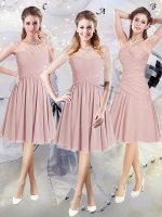 Enchanting Scoop Lace and Ruching Vestidos de Damas Pink Zipper Half Sleeves Knee Length