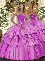 Suitable Lilac Organza and Taffeta Lace Up Strapless Sleeveless Floor Length 15th Birthday Dress Beading and Ruffled Layers