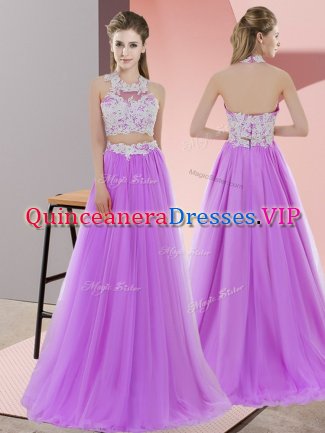 Lavender Sleeveless Floor Length Lace Zipper Dama Dress for Quinceanera