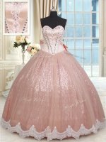 Eye-catching Peach Ball Gowns Beading and Lace and Bowknot Sweet 16 Dresses Lace Up Tulle Sleeveless Floor Length