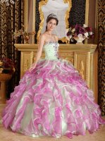 Burlington Iowa/IA Latest Fuchsia and Apple Green Organza With Appliques Floor-length Quinceanera Dress Sweetheart Ball Gown