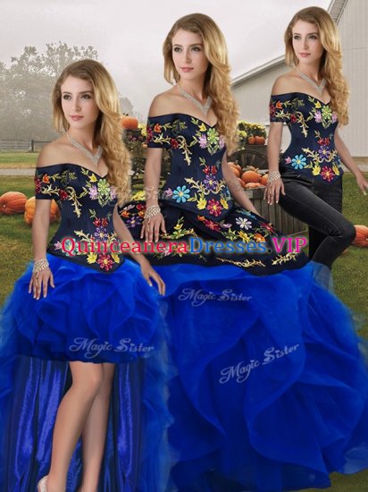 Royal Blue Tulle Lace Up Off The Shoulder Sleeveless Floor Length Sweet 16 Quinceanera Dress Embroidery and Ruffles - Click Image to Close
