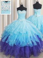 Inexpensive Multi-color Organza Lace Up Quinceanera Gown Sleeveless Floor Length Beading and Ruffles