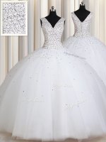 White Ball Gowns Straps Sleeveless Tulle Floor Length Zipper Beading and Sequins Sweet 16 Quinceanera Dress