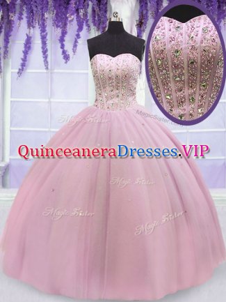 Baby Pink Sleeveless Beading Floor Length Ball Gown Prom Dress