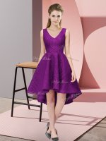 Top Selling Lace V-neck Sleeveless Zipper Lace Dama Dress in Purple