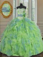 Sophisticated Sleeveless Organza Floor Length Lace Up Quinceanera Dress in Multi-color with Beading and Appliques and Ruffles and Sashes ribbons and Hand Made Flower