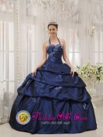 Appliques Decorate Halter and sweetheart Simple Navy Blue Quinceanera Dress For Nagua Dominican Republic Taffeta Ball Gown