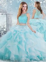 Aqua Blue Sweet 16 Dress Military Ball and Sweet 16 and Quinceanera with Beading and Ruffles Scoop Sleeveless Clasp Handle