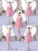 Pink A-line Appliques and Belt Quinceanera Dama Dress Lace Up Tulle Half Sleeves Mini Length(SKU BMT0389BIZ)