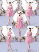 Pink A-line Appliques and Belt Quinceanera Dama Dress Lace Up Tulle Half Sleeves Mini Length