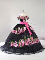 Glamorous Lace Up Vestidos de Quinceanera Black for Sweet 16 and Quinceanera with Embroidery Brush Train