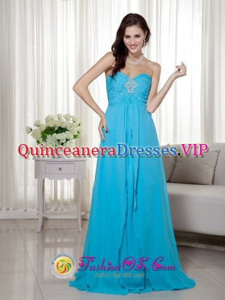 Dania FL Blue Chiffon Empire Quinceanera Dama Dress with Sweetheart Brush Train Beading