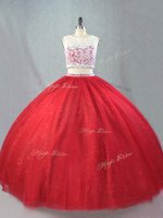 Beading and Appliques 15 Quinceanera Dress Red Zipper Sleeveless Floor Length