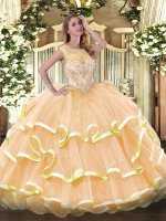 Peach Ball Gowns Organza Scoop Sleeveless Beading and Ruffled Layers Floor Length Zipper Sweet 16 Quinceanera Dress(SKU SJQDDT1188002-3BIZ)