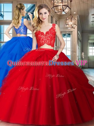 Customized Red Zipper Sweet 16 Quinceanera Dress Lace and Ruffled Layers Sleeveless Floor Length