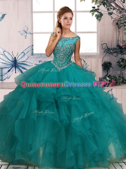 Suitable Floor Length Turquoise Sweet 16 Quinceanera Dress Organza Sleeveless Beading and Ruffles - Click Image to Close
