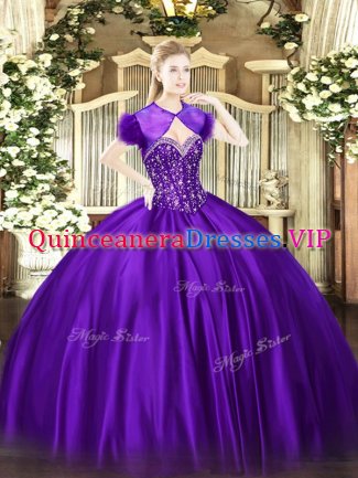 Sleeveless Satin Floor Length Lace Up Sweet 16 Dresses in Purple with Beading