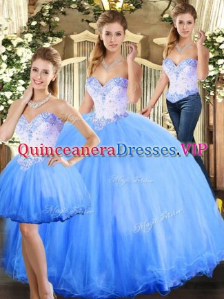 Blue Tulle Lace Up Sweetheart Sleeveless Floor Length Vestidos de Quinceanera Beading